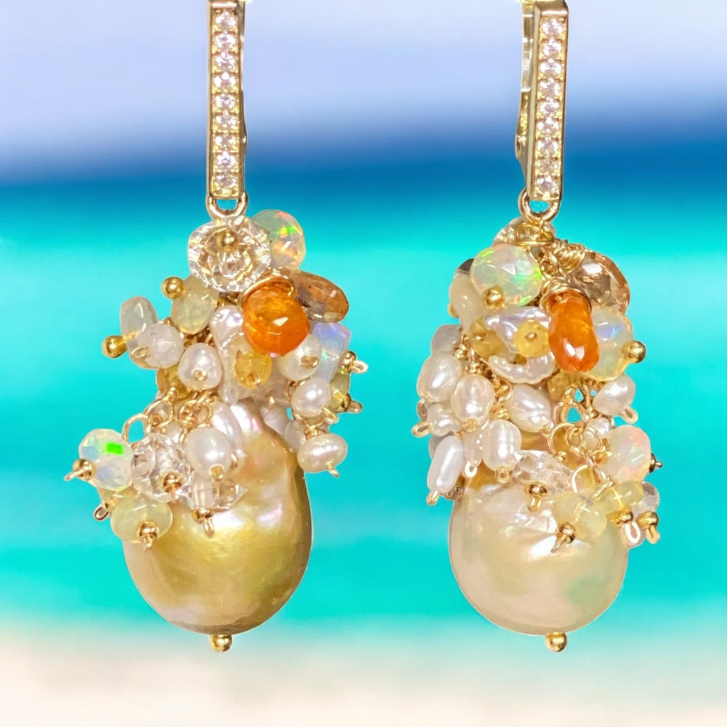 pond_slime_baroque_pearl_gemstone_cluster_earrings