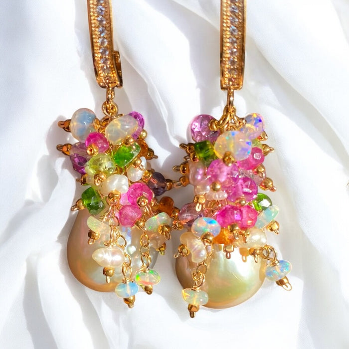 Pond-slime Baroque Pearl and Gemstone Cluster Earrings with Violet Sapphire