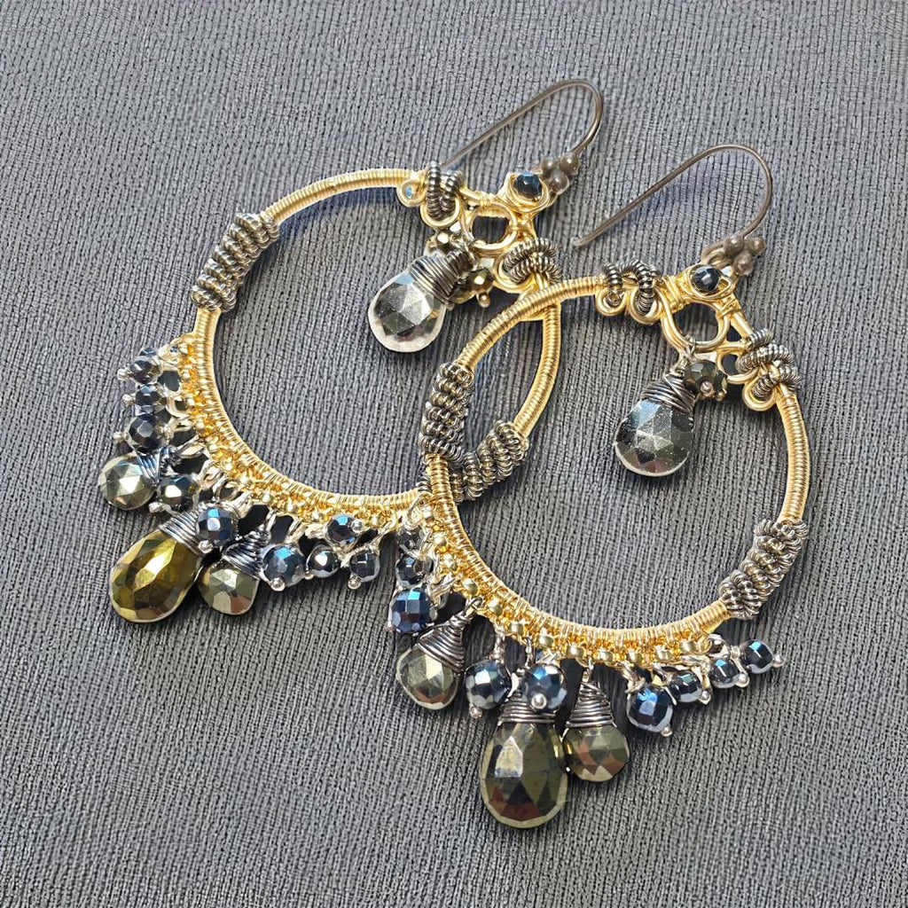 Gold Hoop Earrings with Pyrite Mixed Metals Coiled Silver