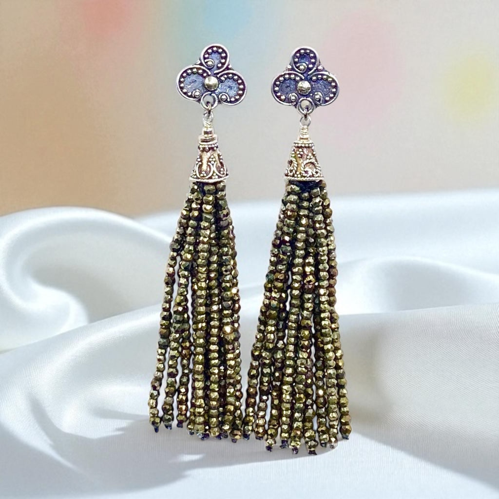 Pyrite Tassel Earrings Gold Mystic Spinel Sterling Silver