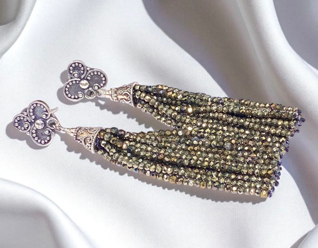 Pyrite Tassel Earrings Gold Mystic Spinel Sterling Silver
