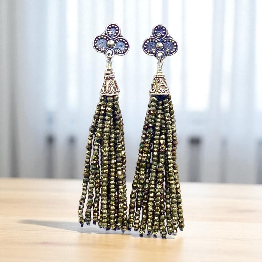 Pyrite Tassel Earrings Gold Mystic Spinel Sterling Silver