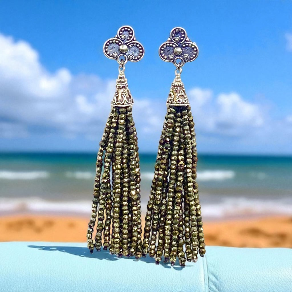 Pyrite Tassel Earrings Gold Mystic Spinel Sterling Silver