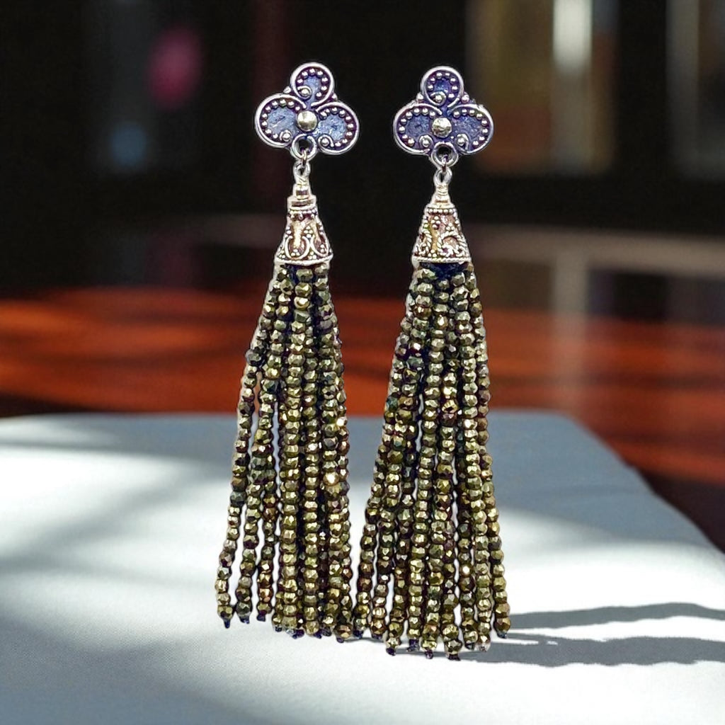 Pyrite Tassel Earrings Gold Mystic Spinel Sterling Silver