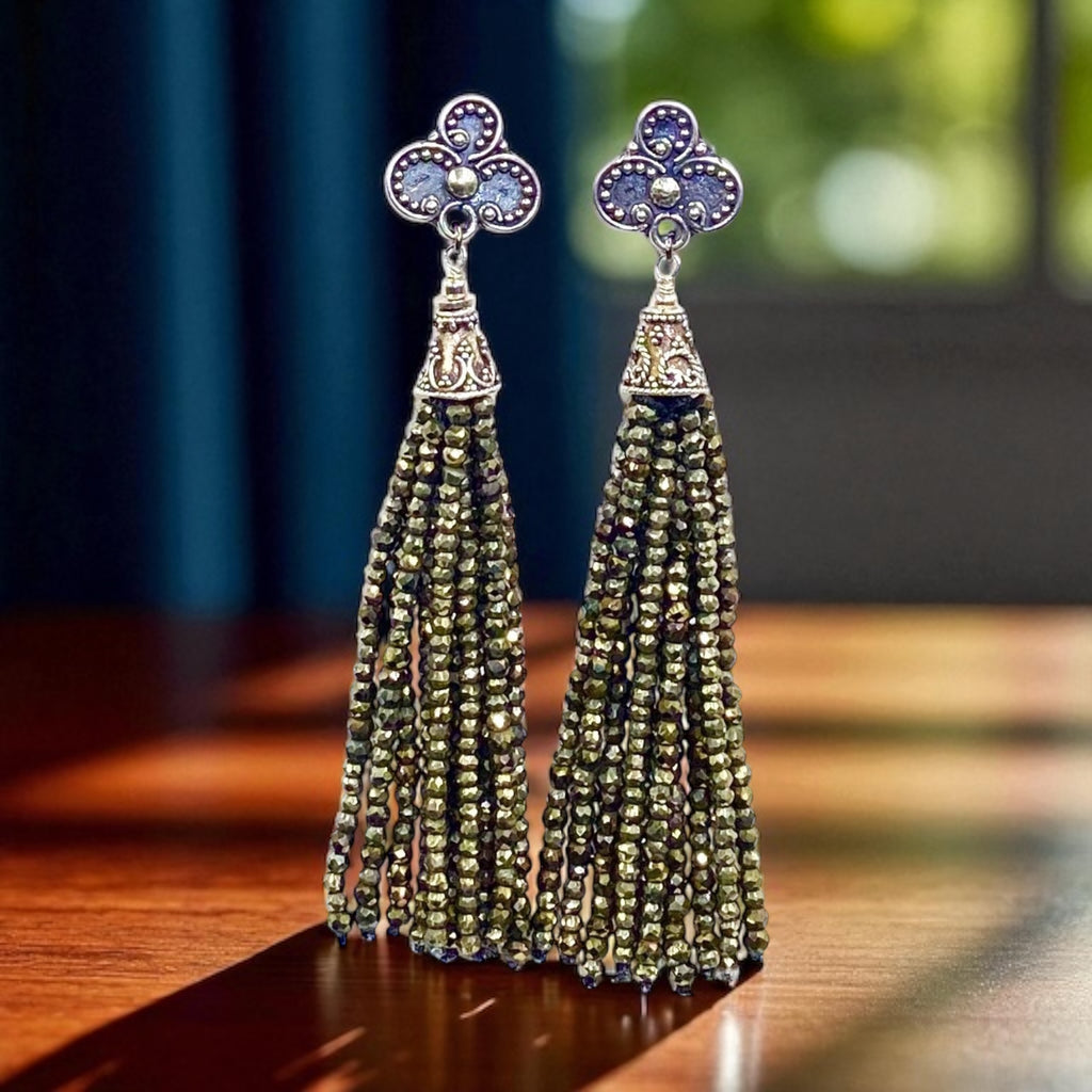 Pyrite Tassel Earrings Gold Mystic Spinel Sterling Silver
