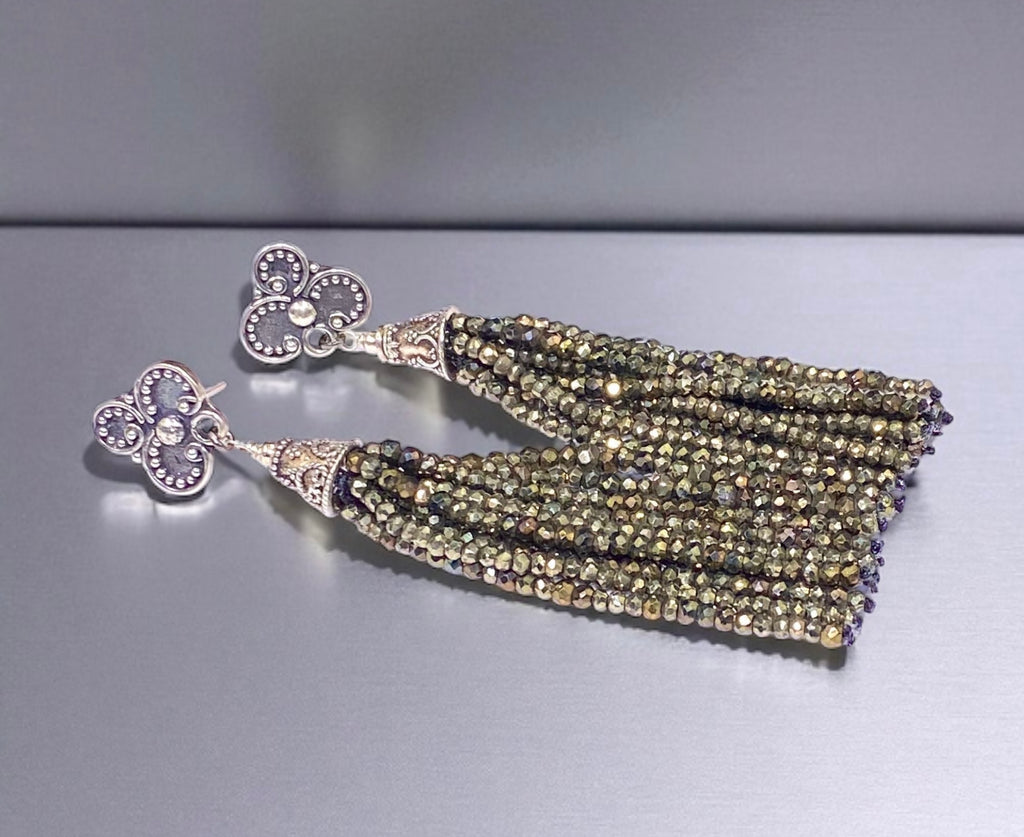 Pyrite Tassel Earrings Gold Mystic Spinel Sterling Silver