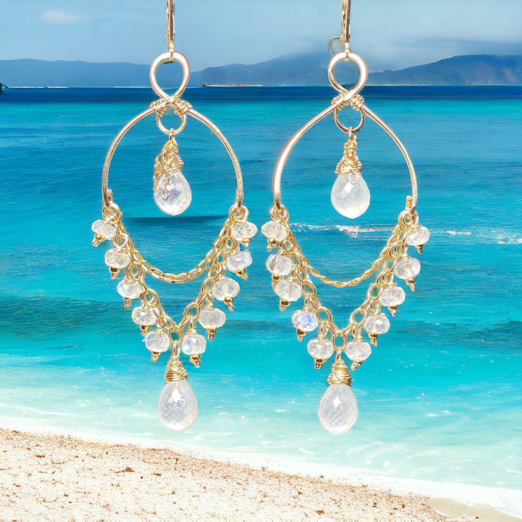 rainbow moonstone gemstone dangle chandelier earrings 14 kt gold fill