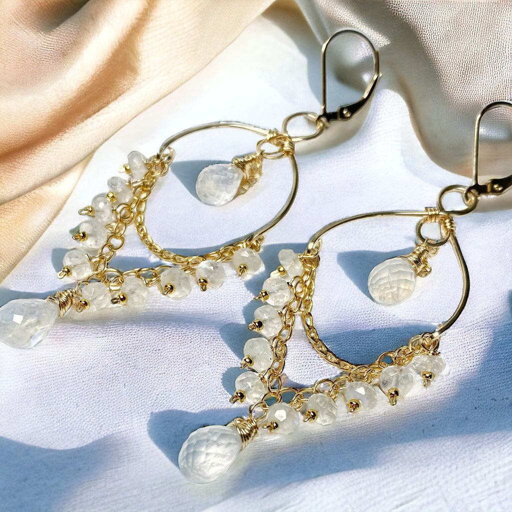 rainbow moonstone gemstone dangle chandelier earrings 14 kt gold fill