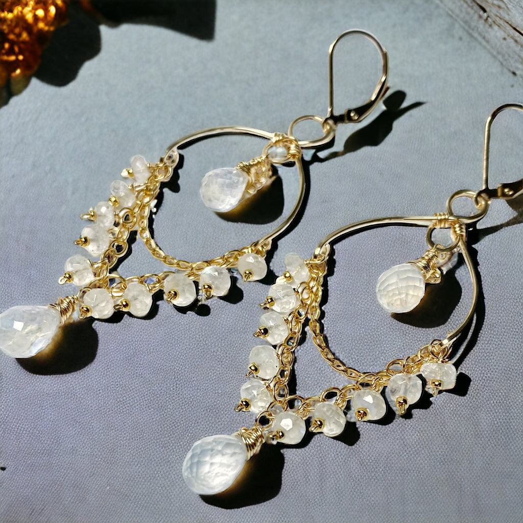 rainbow moonstone gemstone dangle chandelier earrings 14 kt gold fill