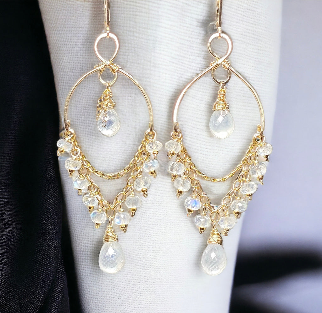 rainbow moonstone gemstone dangle chandelier earrings 14 kt gold fill 5