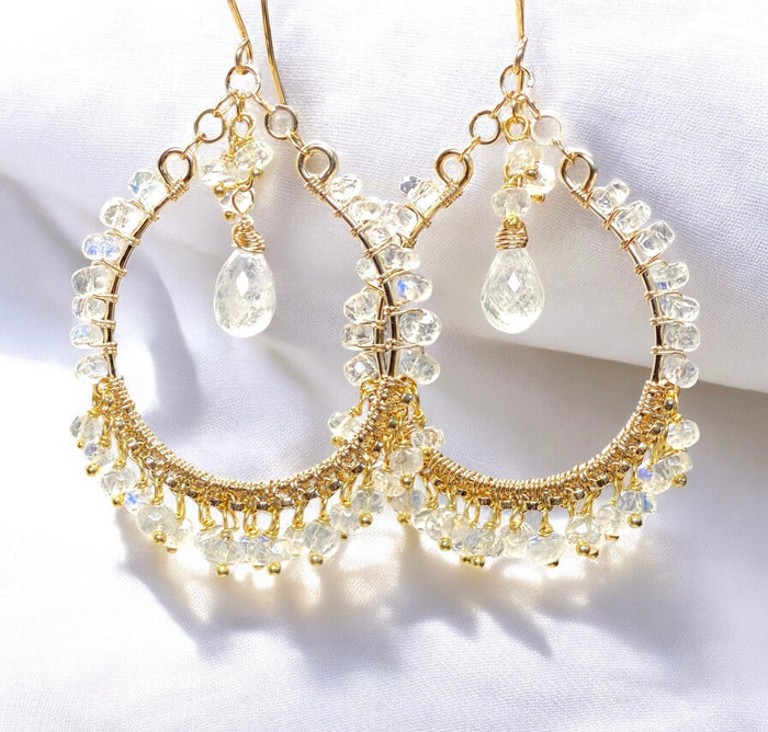 Rainbow Moonstone Gold Hoop Chandelier Earrings 3