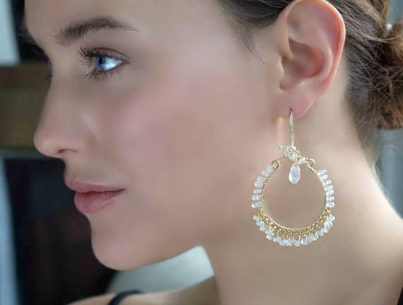 Rainbow Moonstone Gold Hoop Chandelier Earrings - doolittlejewelry