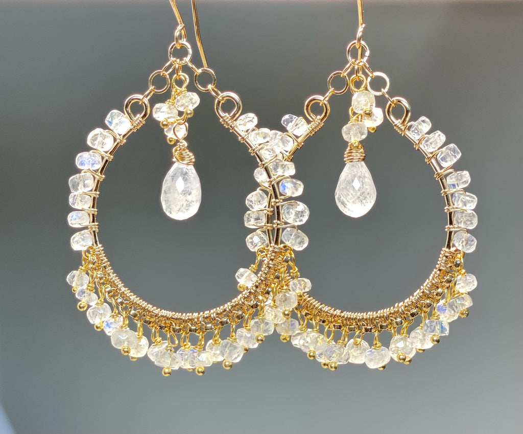 Rainbow Moonstone Gold Hoop Chandelier Earrings 3