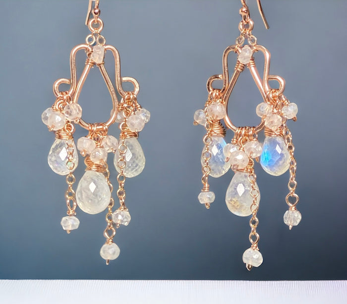 Rainbow Moonstone Rose Gold Chandelier Earrings Boho Bridal Wedding 2