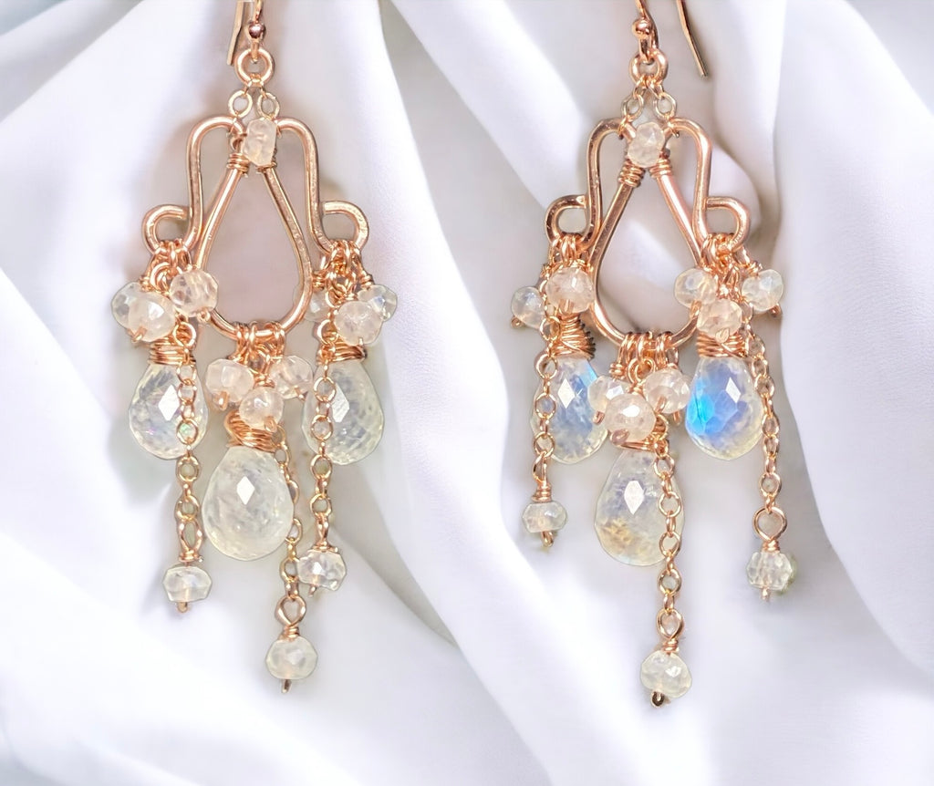 Rainbow Moonstone Rose Gold Chandelier Earrings Boho Bridal Wedding 2