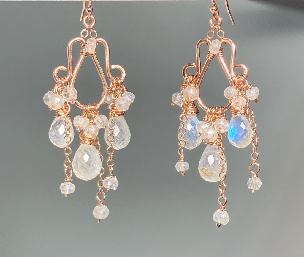 Rainbow Moonstone Rose Gold Chandelier Earrings Boho Bridal Wedding 2