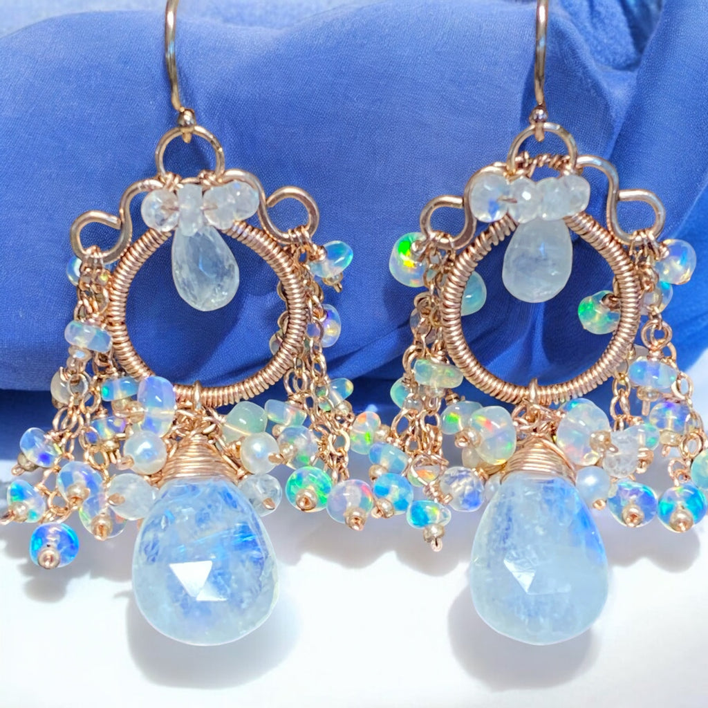 Rainbow Moonstone Opal Statement Rose Gold Chandelier Earrings Boho Bridal 2