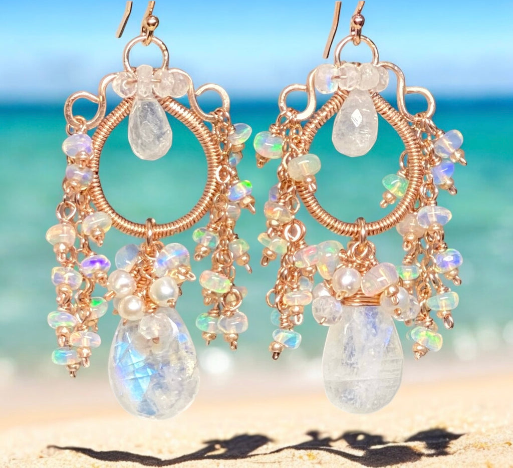 Rainbow Moonstone Opal Statement Rose Gold Chandelier Earrings Boho Bridal 2
