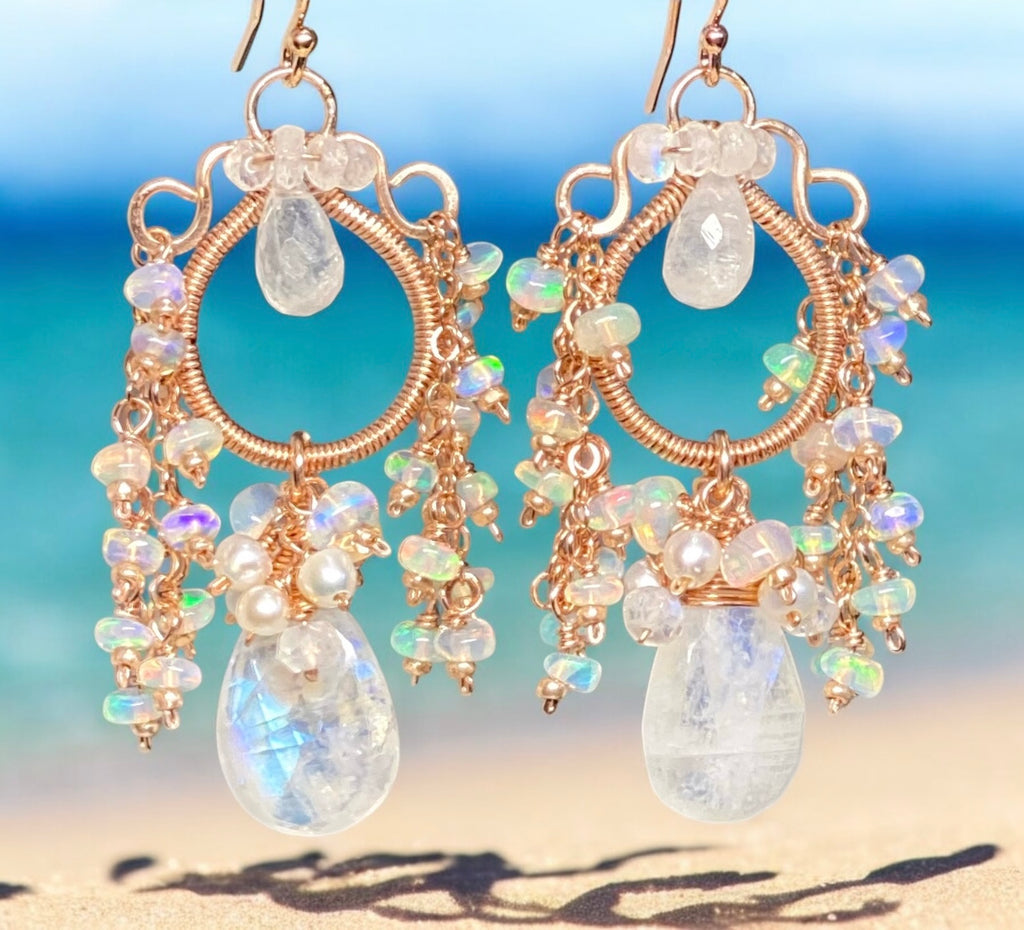 Rainbow Moonstone Opal Statement Rose Gold Chandelier Earrings Boho Bridal 2