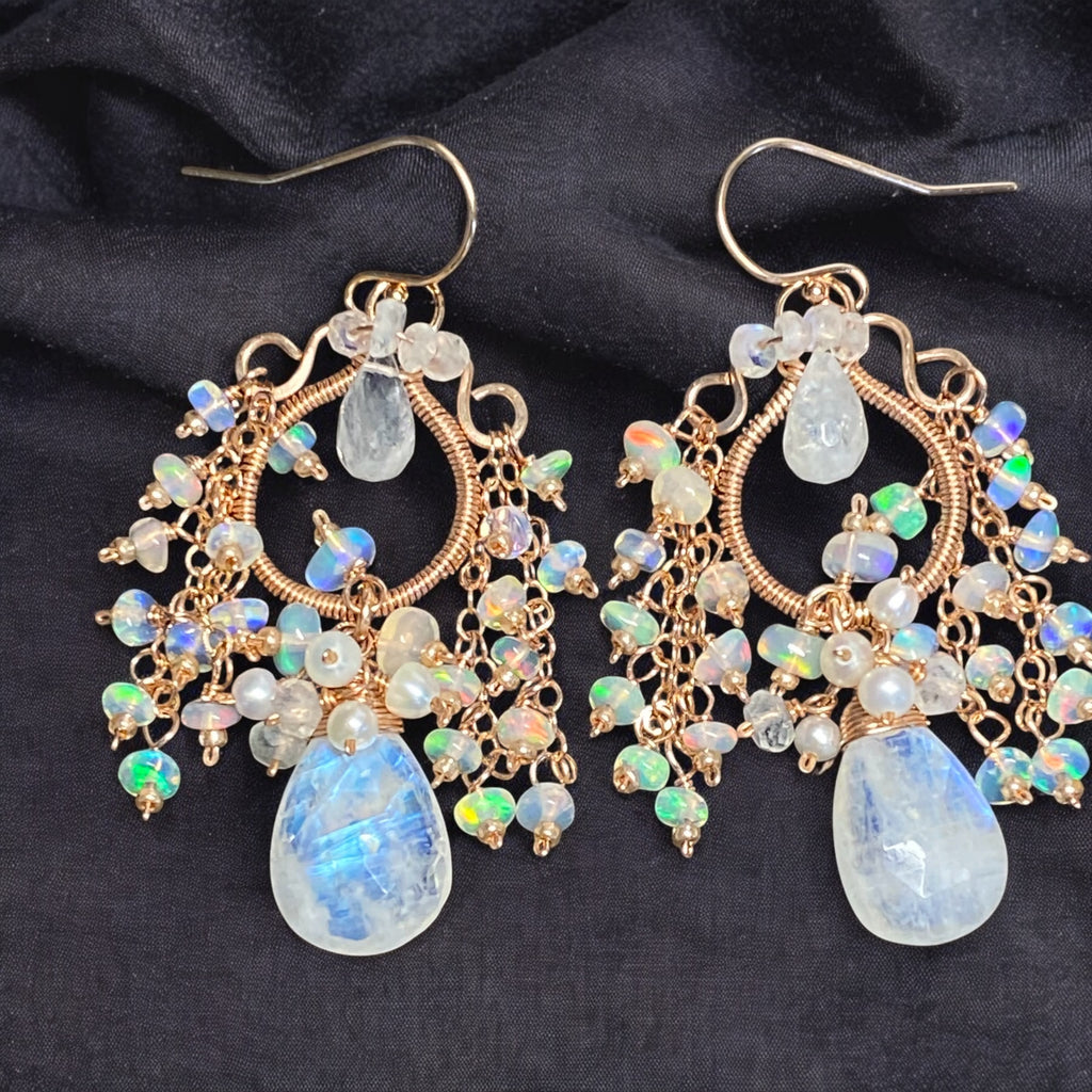 Rainbow Moonstone Opal Statement Rose Gold Chandelier Earrings Boho Bridal 2