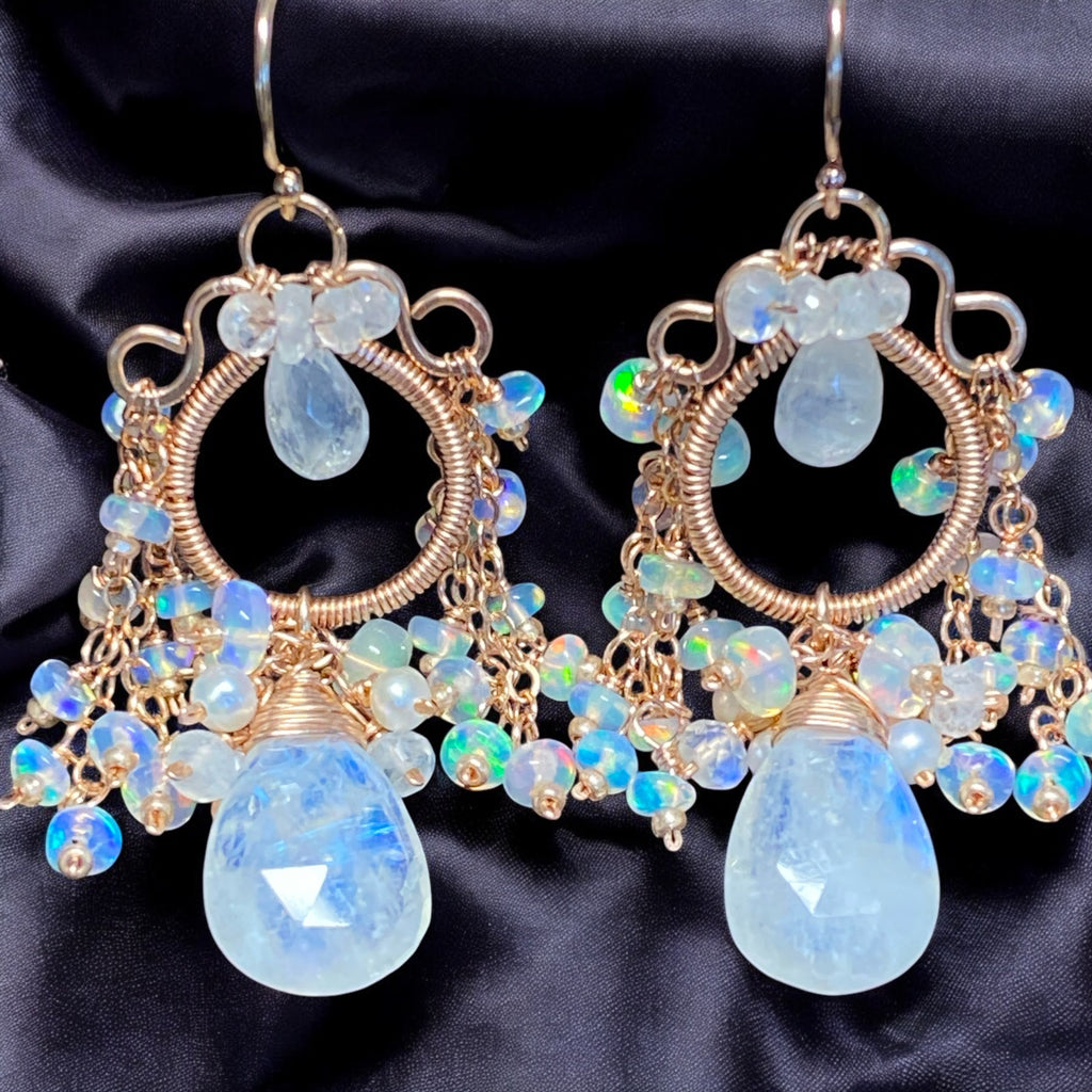Rainbow Moonstone Opal Statement Rose Gold Chandelier Earrings Boho Bridal 2