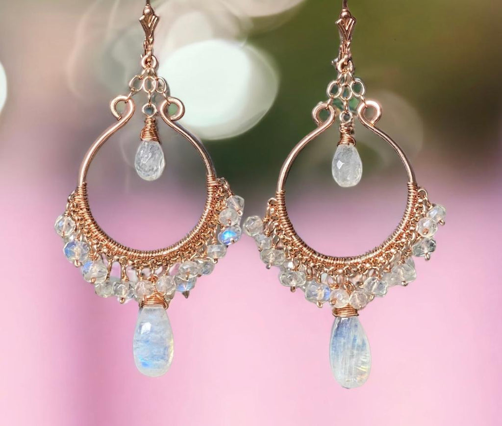 RAINBOW MOONSTONE ROSE GOLD CHANDELIER EARRINGS