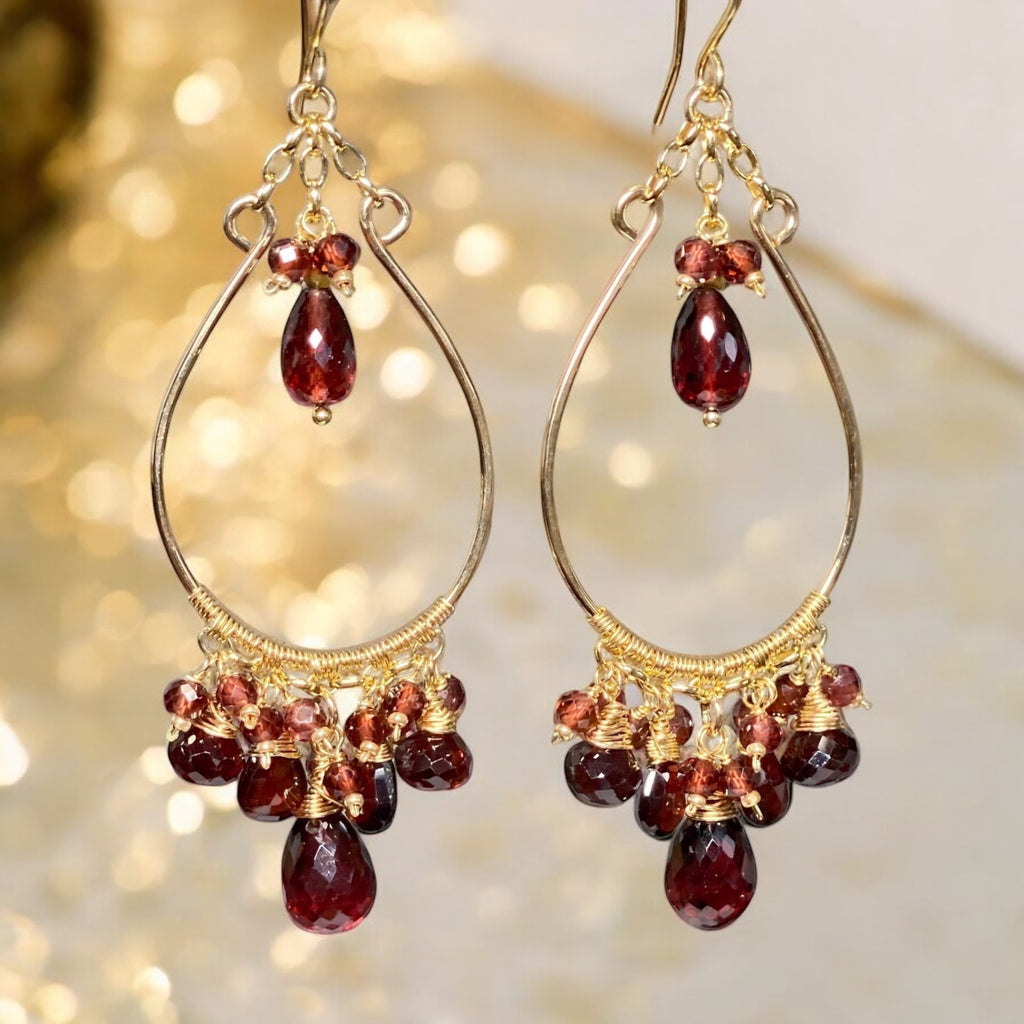 Red Garnet Chandelier Earrings Gold Fill