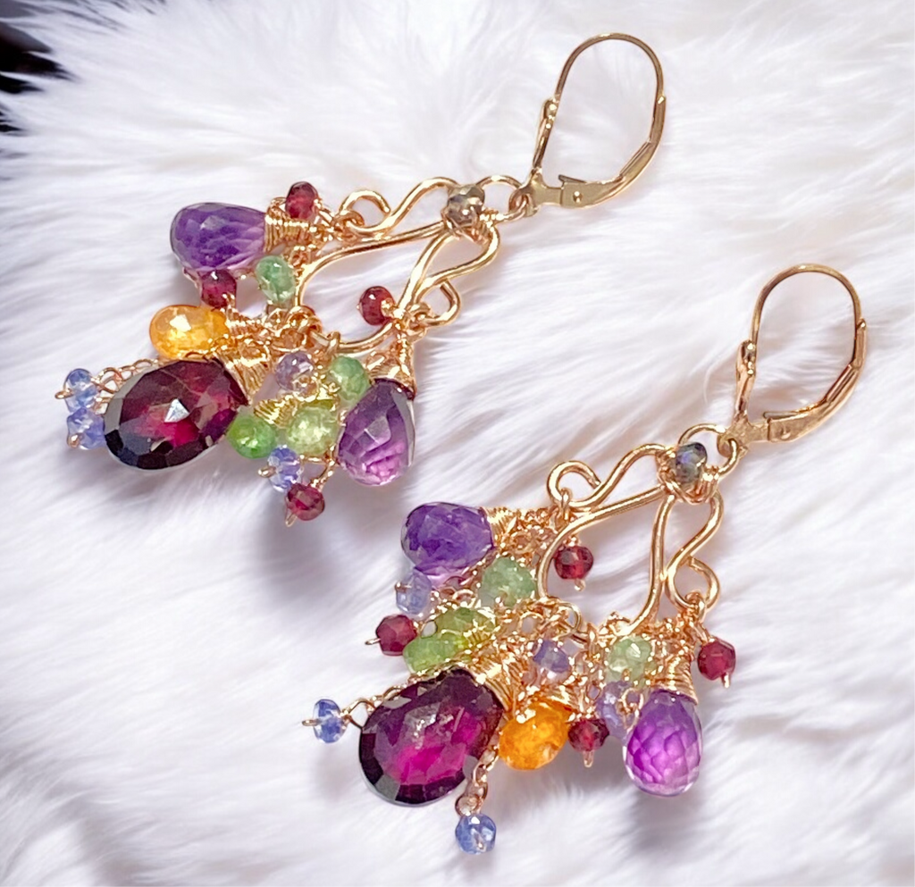 Rose Gold Chandelier Earrings Rhodolite Garnet Amethyst Lever Back