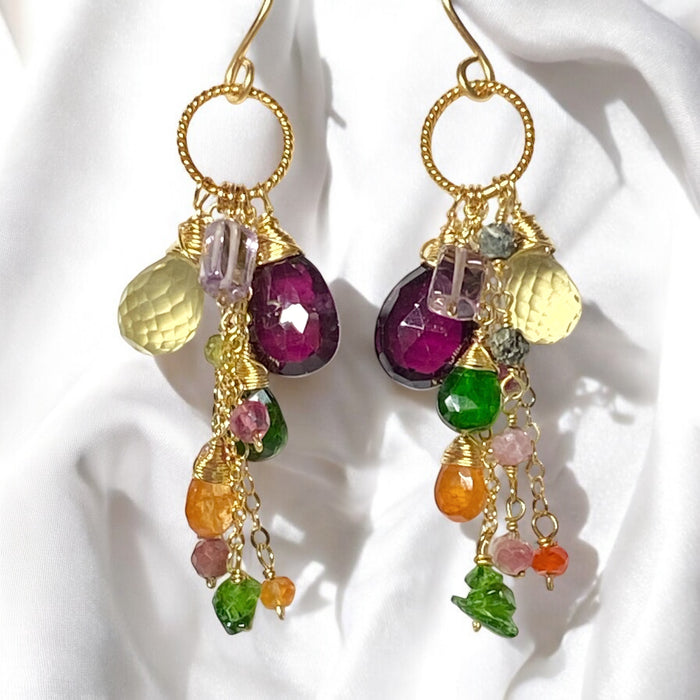 Multicolor Gemstone Gold Dangle Earrings Rhodolite Garnet, Lemon Quartz