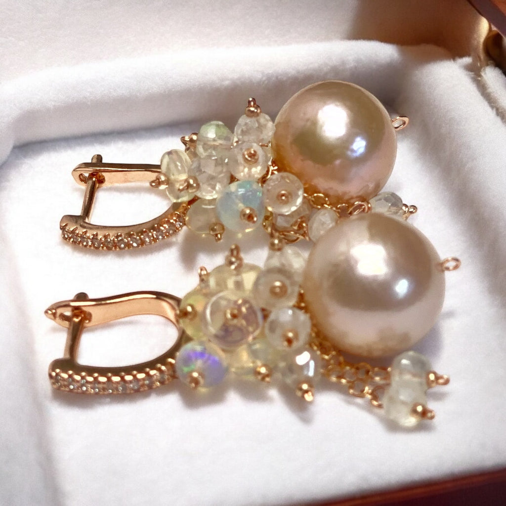 Pink Blush Pearl Opal Cluster Earrings Rose Gold