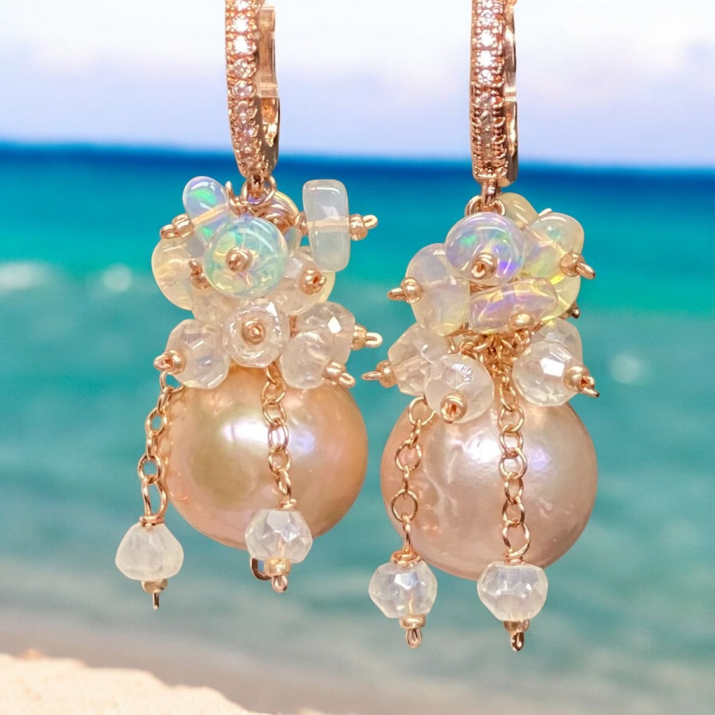 Pink Blush Pearl Opal Cluster Earrings Rose Gold