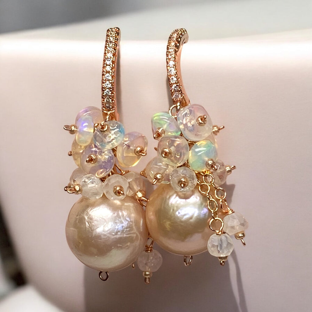 Pink Blush Pearl Opal Cluster Earrings Rose Gold
