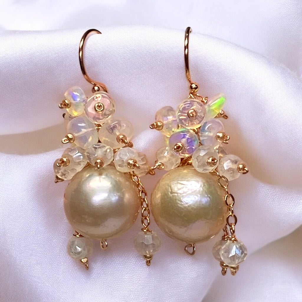 Pink Blush Pearl Opal Cluster Earrings Rose Gold