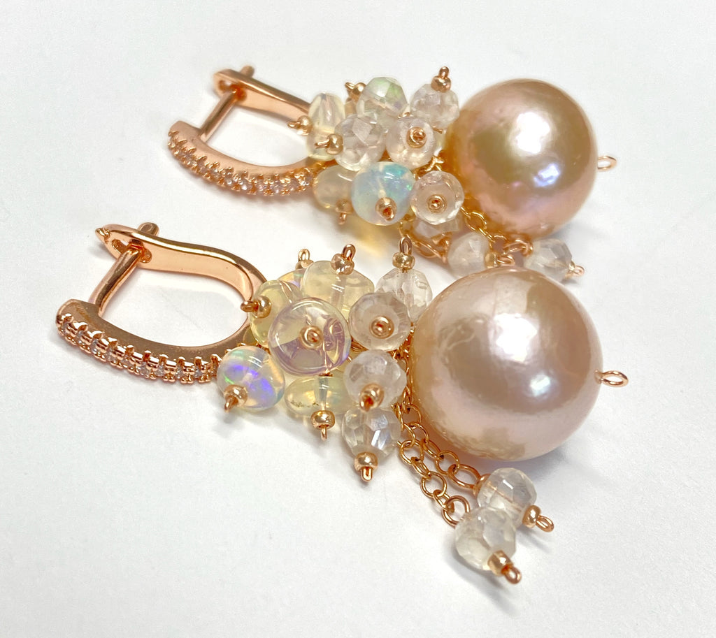 Pink Blush Pearl Opal Cluster Earrings Rose Gold