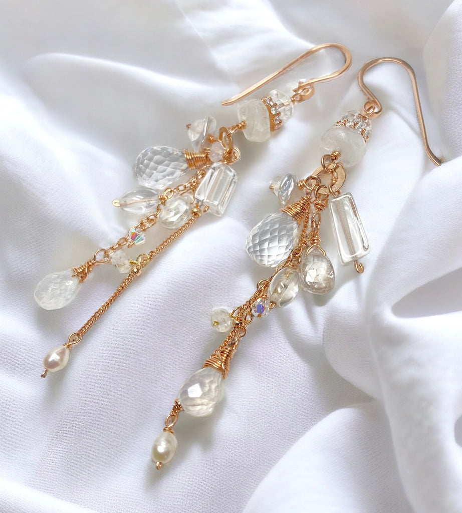 Rose Gold Boho Dangle Earrings with Crystal Quartz & Moonstone