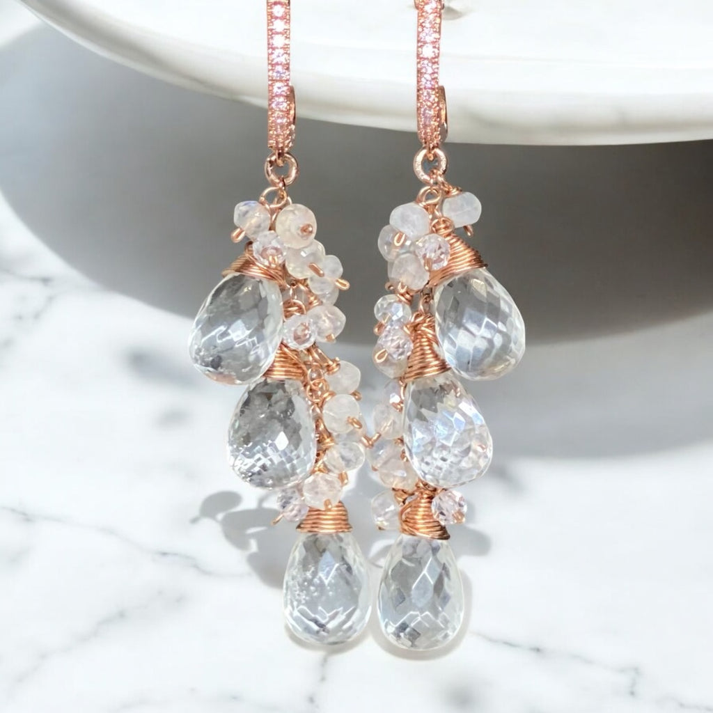 Crystal Quartz Rose Gold Bridal Wedding Earrings
