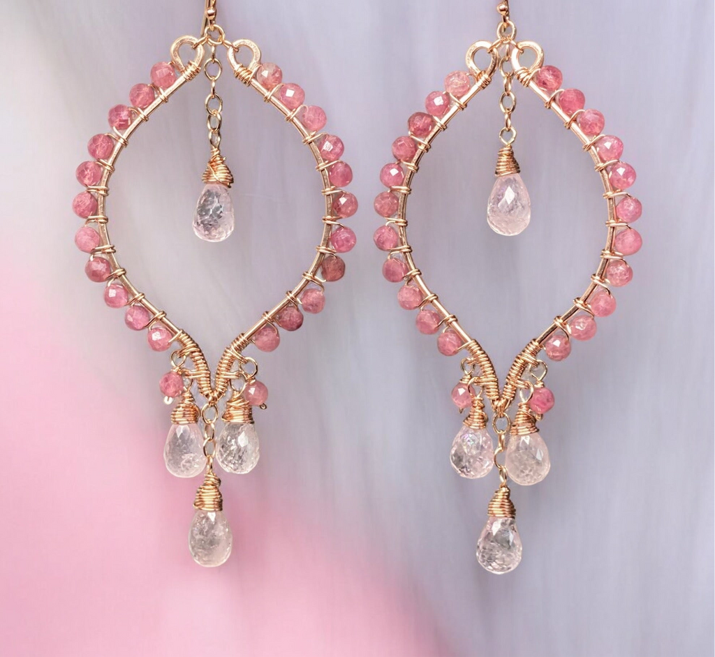 Pink Tourmaline and Morganite Rose Gold Hoop Chandelier Earrings