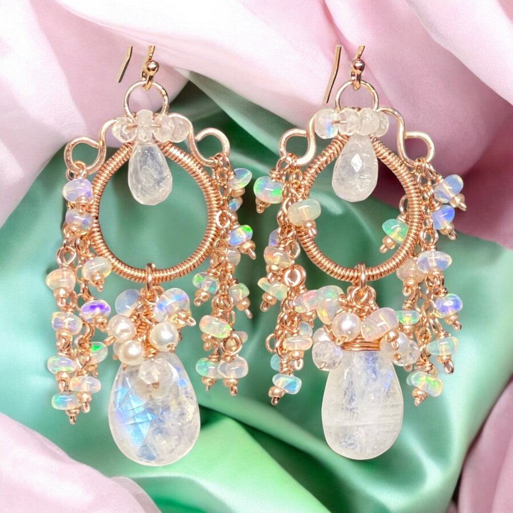 Rainbow Moonstone Opal Statement Rose Gold Chandelier Earrings Boho Bridal 2