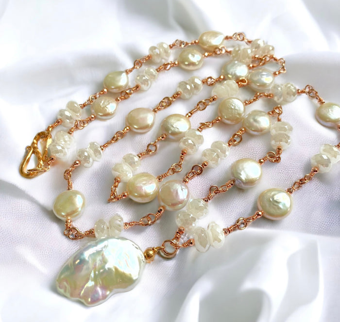 Rose Gold Ivory Baroque Pearl Mystic Moonstone Long Sautoir Rosary Necklace