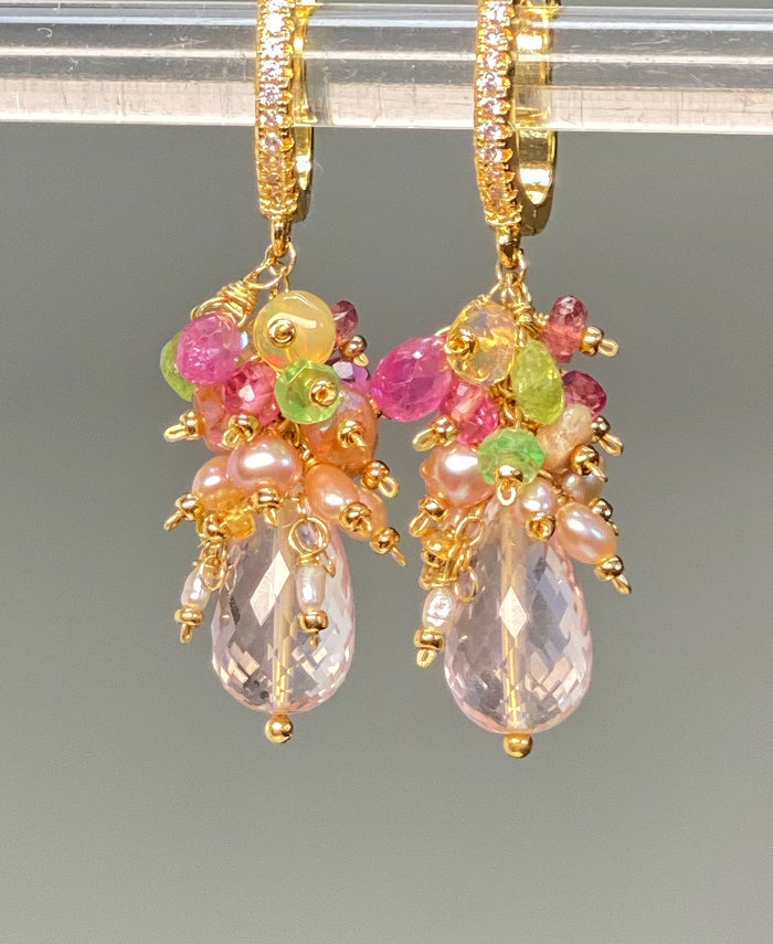 Pink Rose Quartz Briolette Multi Gemstone Cluster Earrings Gold Fill
