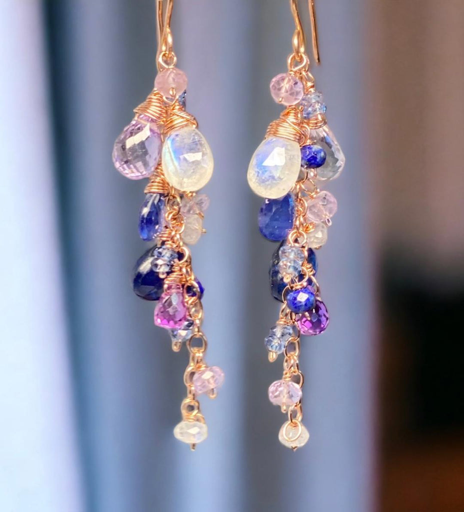 Blue Violet Rose Gold Dangle Earrings - Moonstone, Kyanite, Amethyst, Violet Quartz