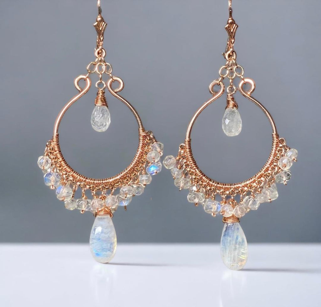 rainbow moonstone rose gold hoop chandelier earrings
