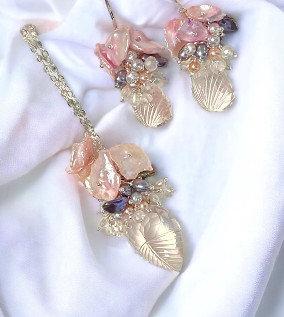 Rose Quartz Carved Leaf Necklace Set Pearl Clusters