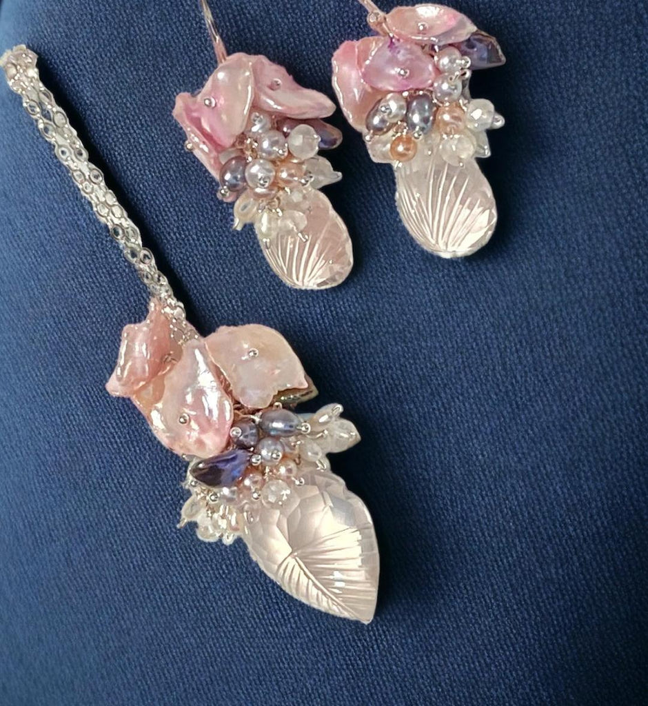 Rose Quartz Carved Leaf Necklace Set Pearl Clusters