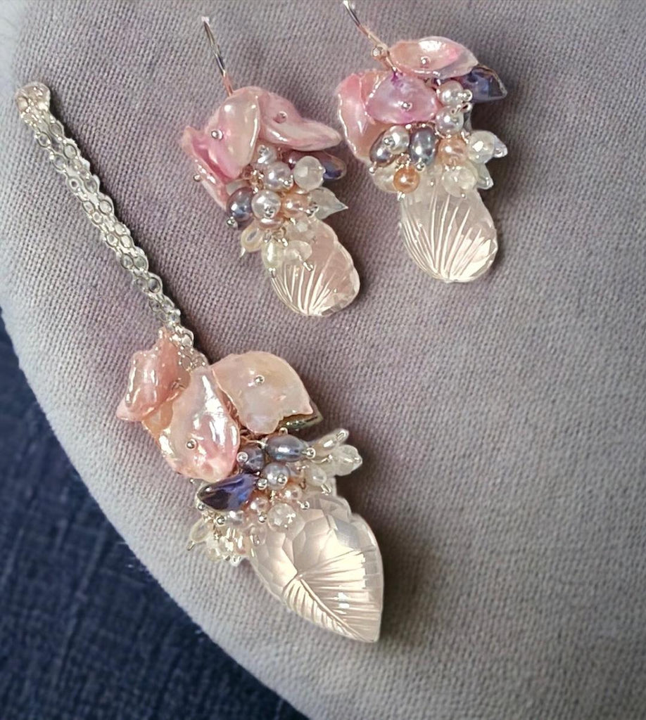 Rose Quartz Carved Leaf Necklace Set Pearl Clusters