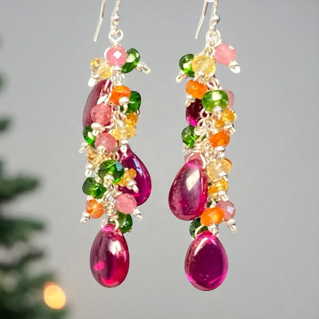 Rubellite Multi Gemstone Long Dangle Earrings Sterling Silver