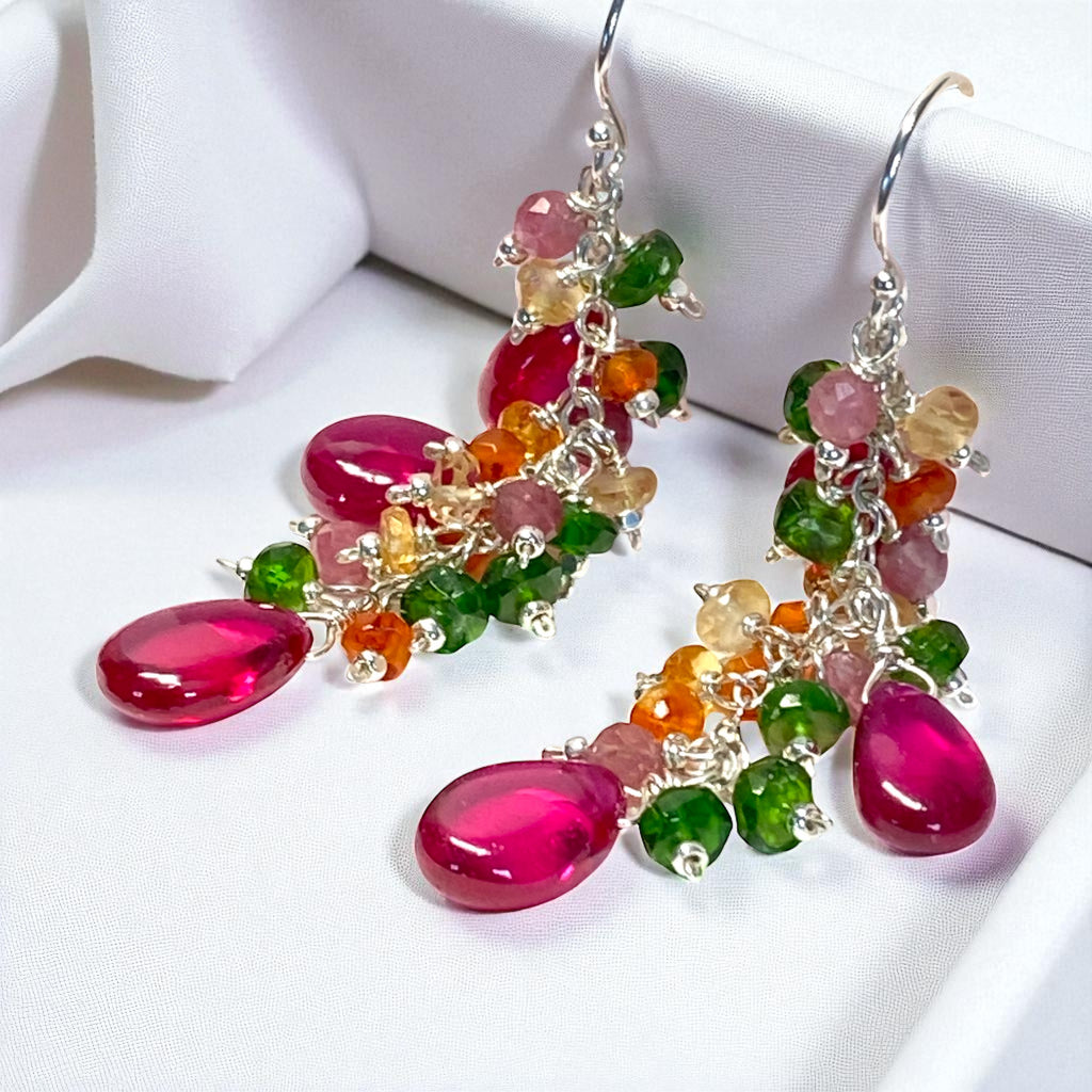 Rubellite Multi Gemstone Long Dangle Earrings Sterling Silver