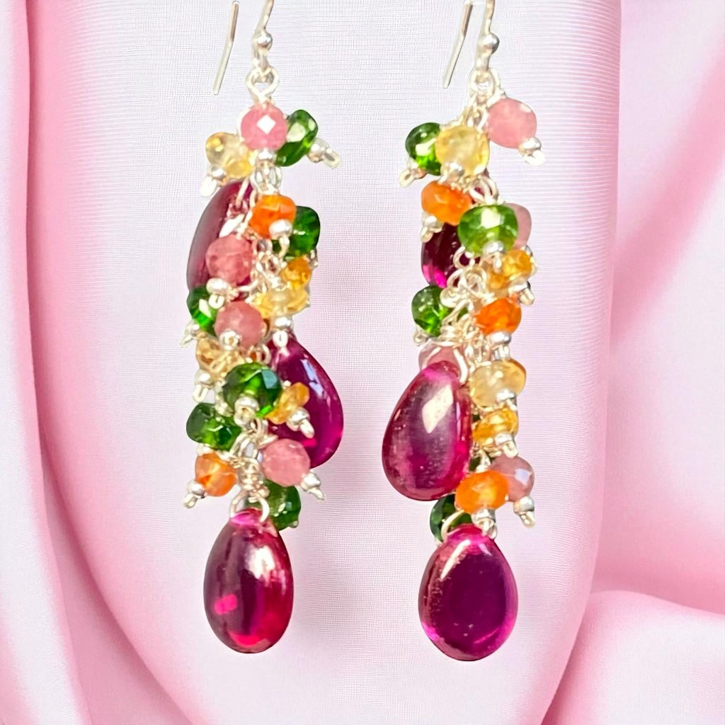 Rubellite Multi Gemstone Long Dangle Earrings Sterling Silver