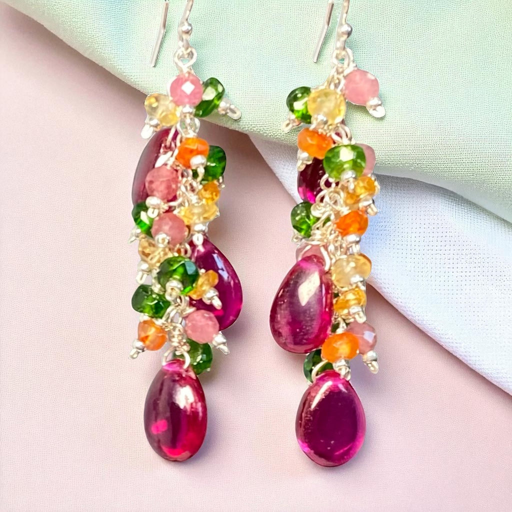 Rubellite Multi Gemstone Long Dangle Earrings Sterling Silver