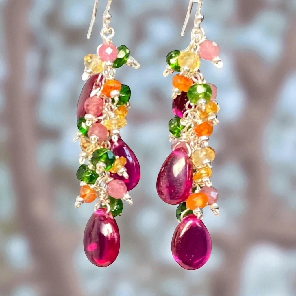 Rubellite Multi Gemstone Long Dangle Earrings Sterling Silver